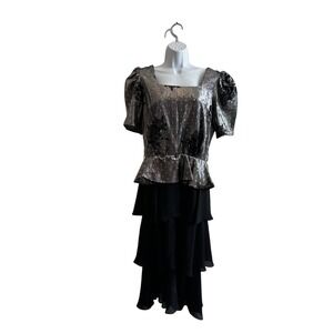 Vintage 80s Prom Lizzy & Johnny Dress Silver Black Metallic Velvet Whimsigoth